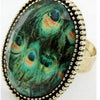 Vintage Oval Peacock Feather Antique Crystal Gem Ring