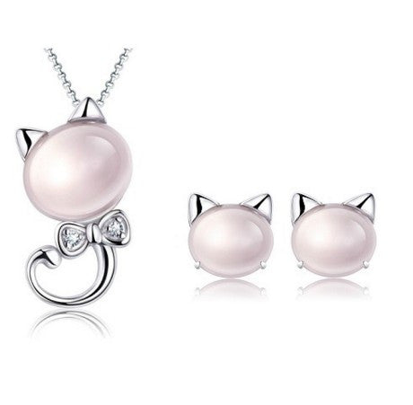 Silver Rose Crystal Pink Cat Children Jewelry Sets for Girls