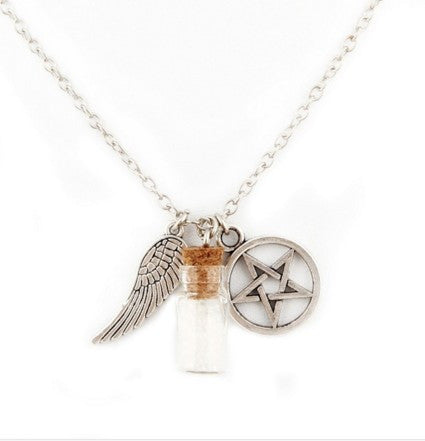 Angel Wing Pentagram and Salt Bottle Necklace